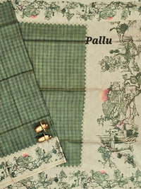 Soft Jute Tussar Checks Weaving with Border - Green