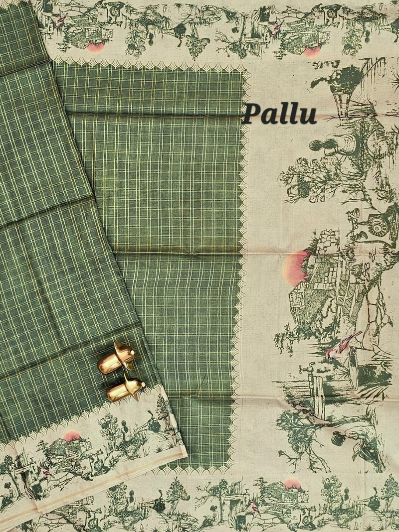 Soft Jute Tussar Checks Weaving with Border - Green