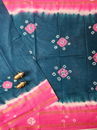 Madurai Sungadi Cotton Saree - Peacock Green with Pink