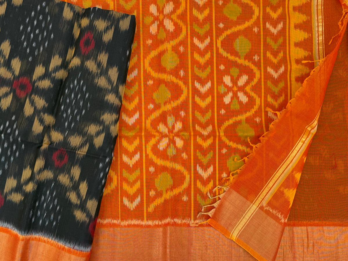Black with Yellow Pochampally Ikkat Silk Cotton (SICO Pattu)