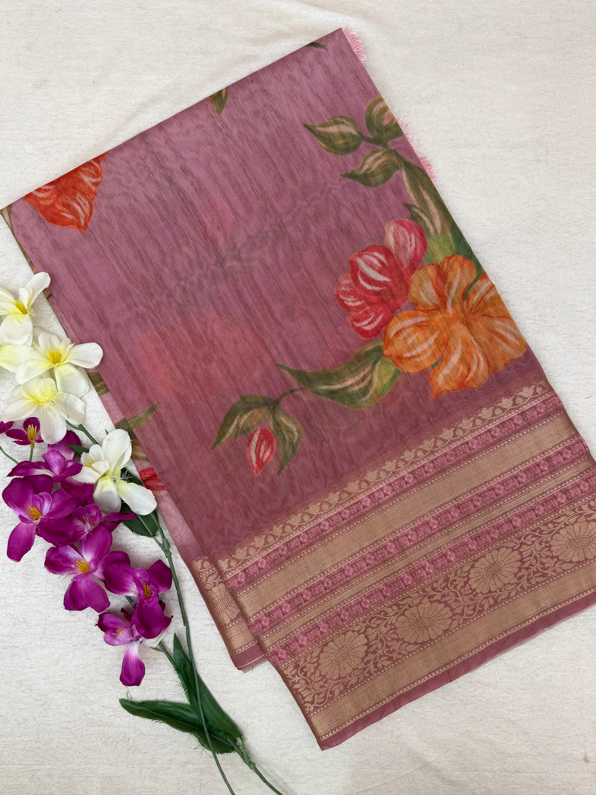 Unique Semi Tussar with Zari Border and Digital Prints - Onion Pink
