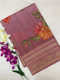Unique Semi Tussar with Zari Border and Digital Prints - Onion Pink