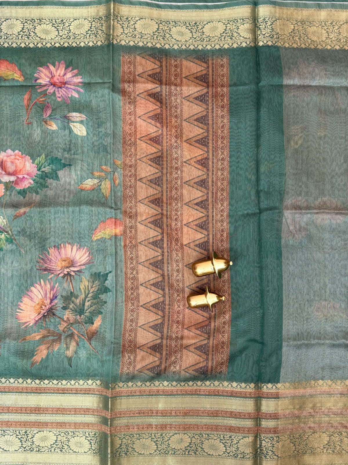 Unique Semi Tussar with Zari Border and Digital Prints - Dark Green
