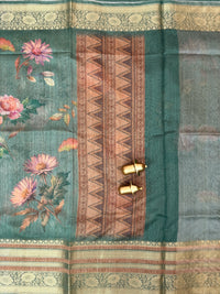 Unique Semi Tussar with Zari Border and Digital Prints - Dark Green