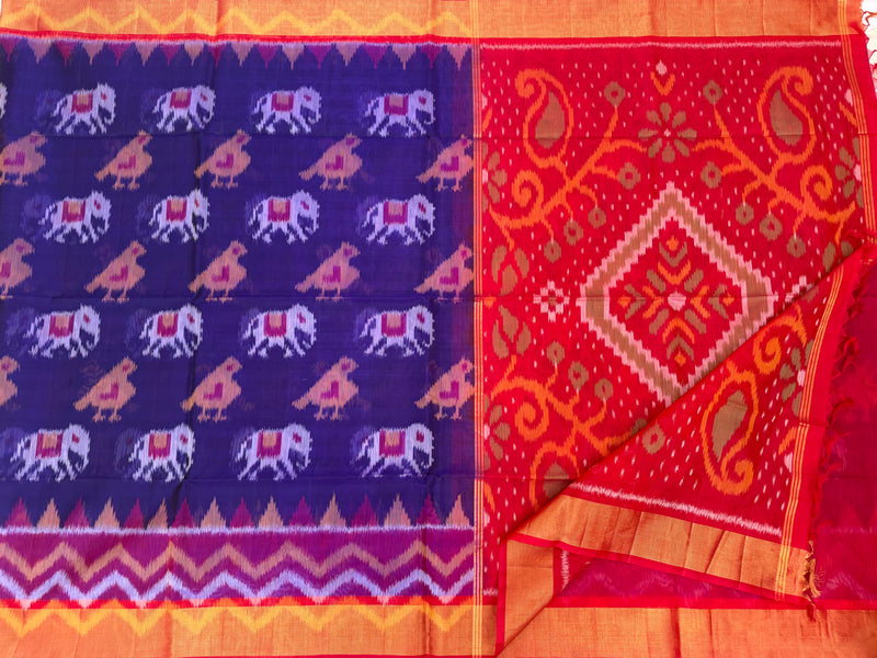 Blue with Red Pochampally Ikkat Silk Cotton (SICO Pattu)