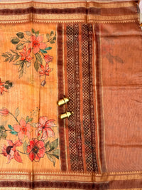 Unique Semi Tussar with Zari Border and Digital Prints - Brown