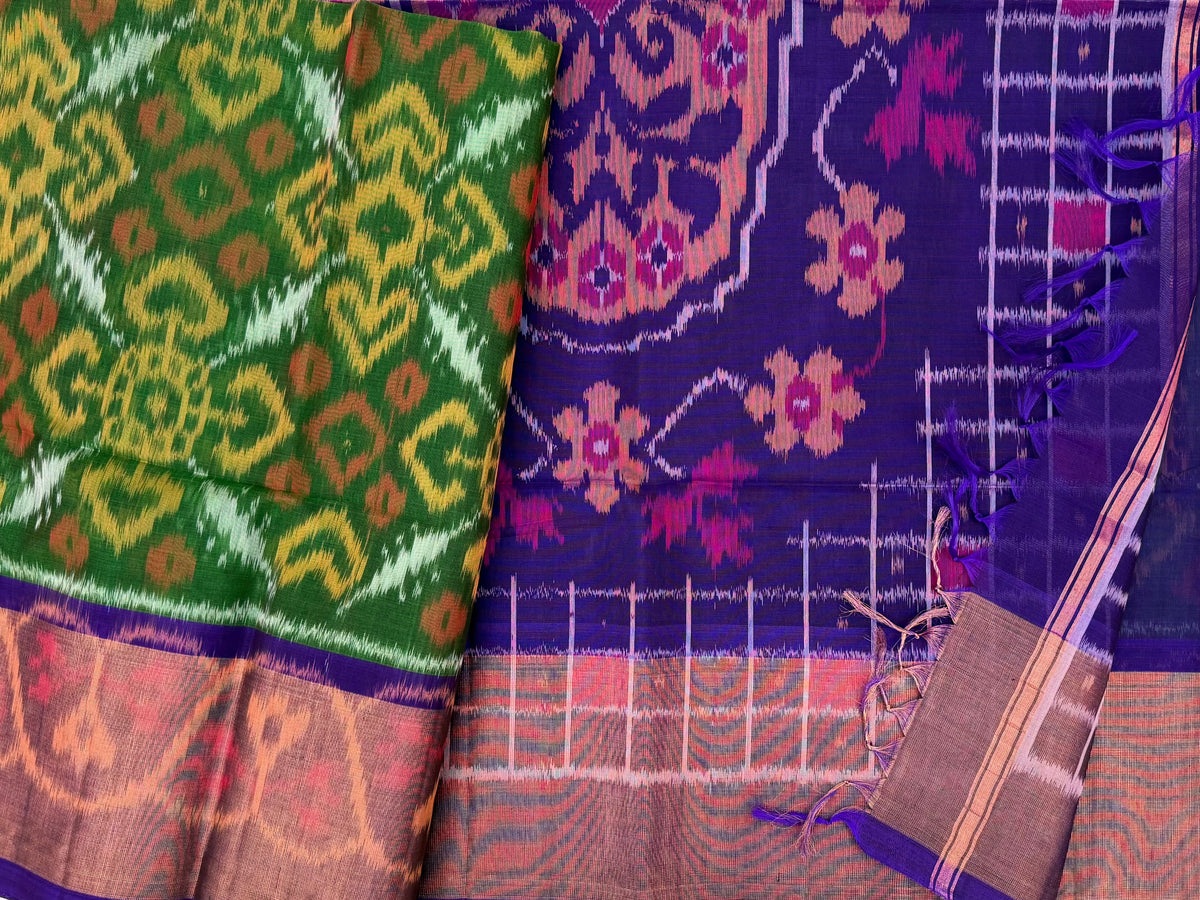 Dark Green with Blue Pochampally Ikkat Silk Cotton (SICO Pattu)