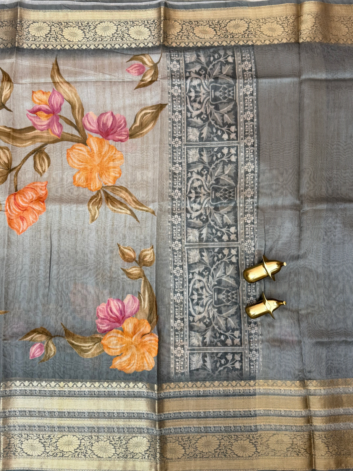 Unique Semi Tussar with Zari Border and Digital Prints - Grey