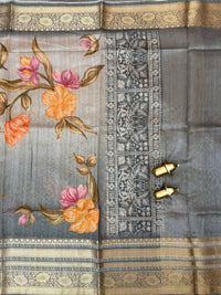 Unique Semi Tussar with Zari Border and Digital Prints - Grey