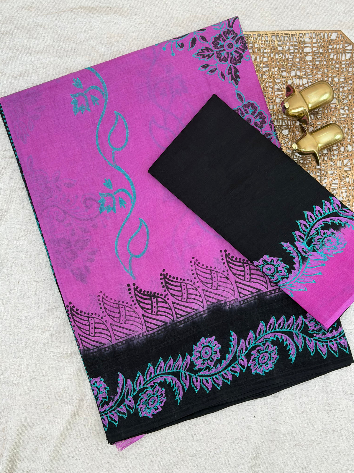 Pure Cotton with Hand Block Prints - Purple with Balck