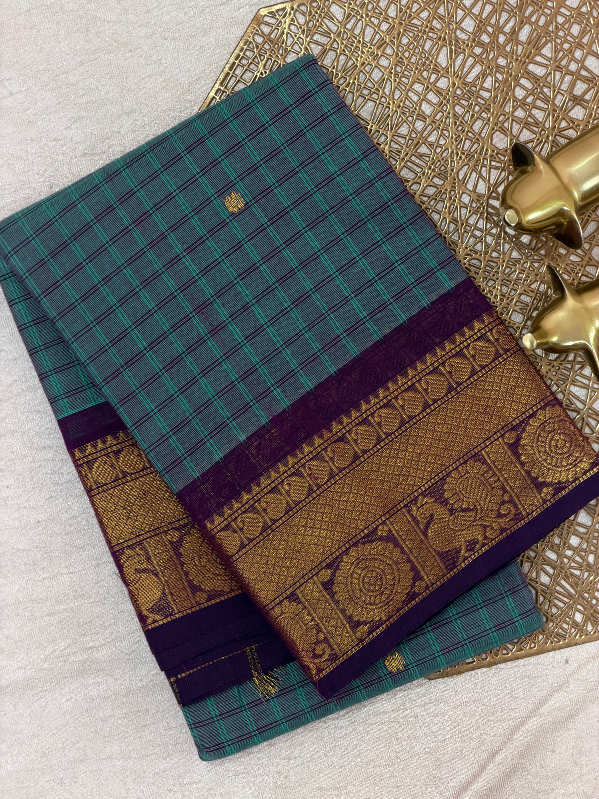 Chettinad Cotton Saree - Rama Green with Dark Purple Checks