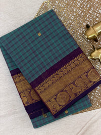Chettinad Cotton Saree - Rama Green with Dark Purple Checks