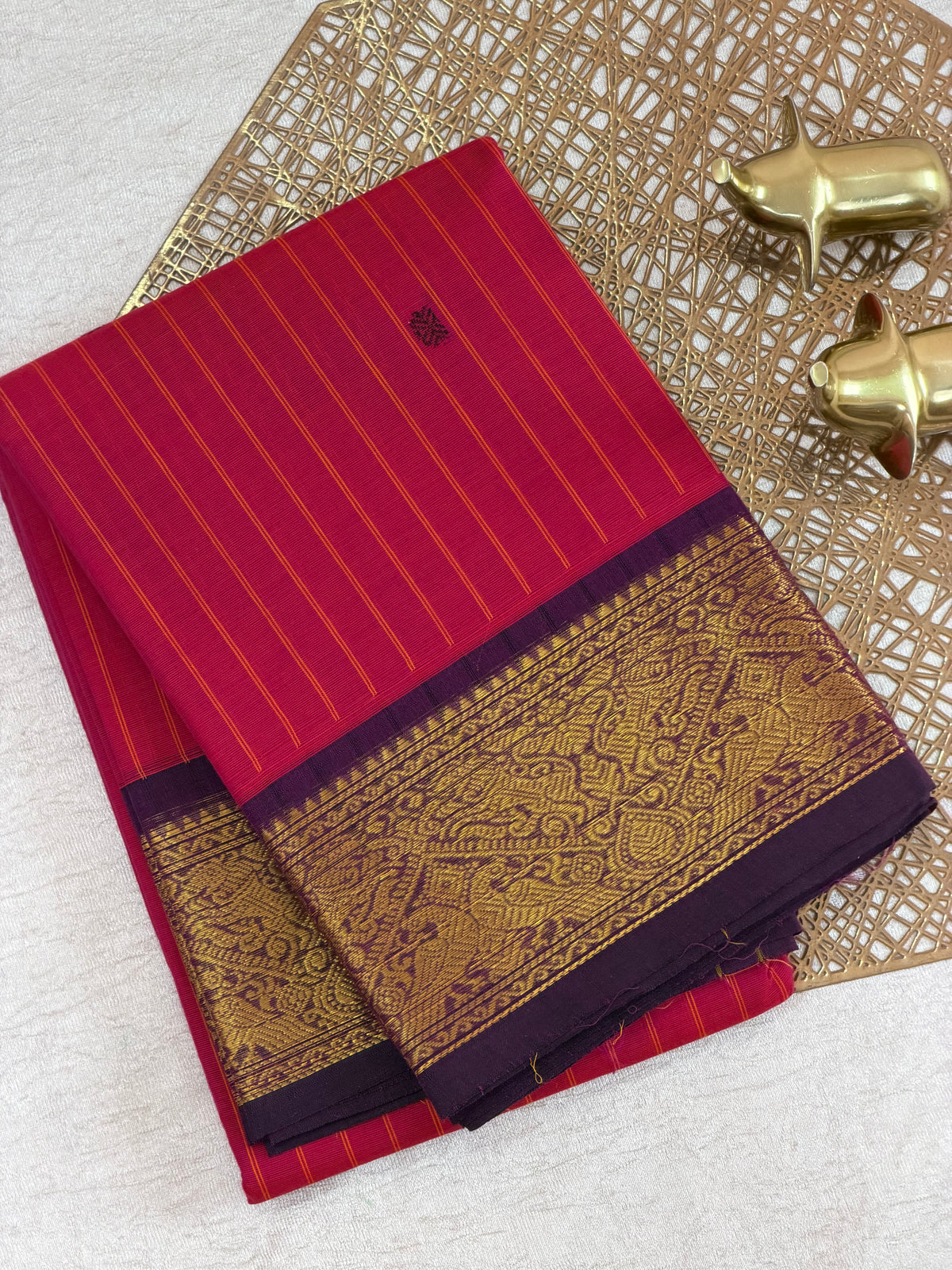 Chettinad Cotton Saree - Pink With Dark Purple Stripes