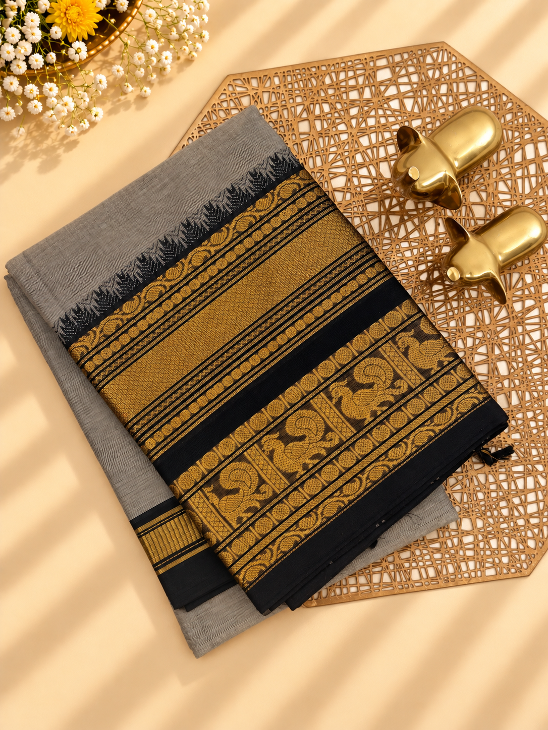 Chettinad Cotton Sarees - Grey with Black