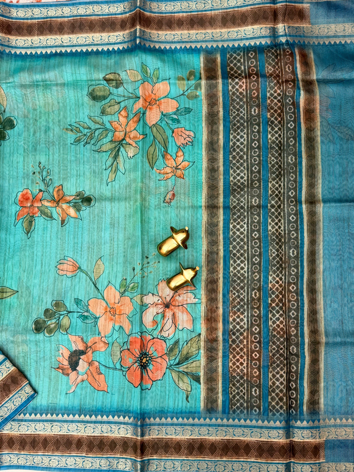 Unique Semi Tussar with Zari Border and Digital Prints - Blue