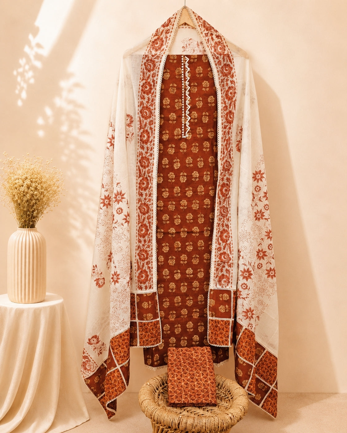 Premium Pure Cotton Unstitched Salwar -  Brown