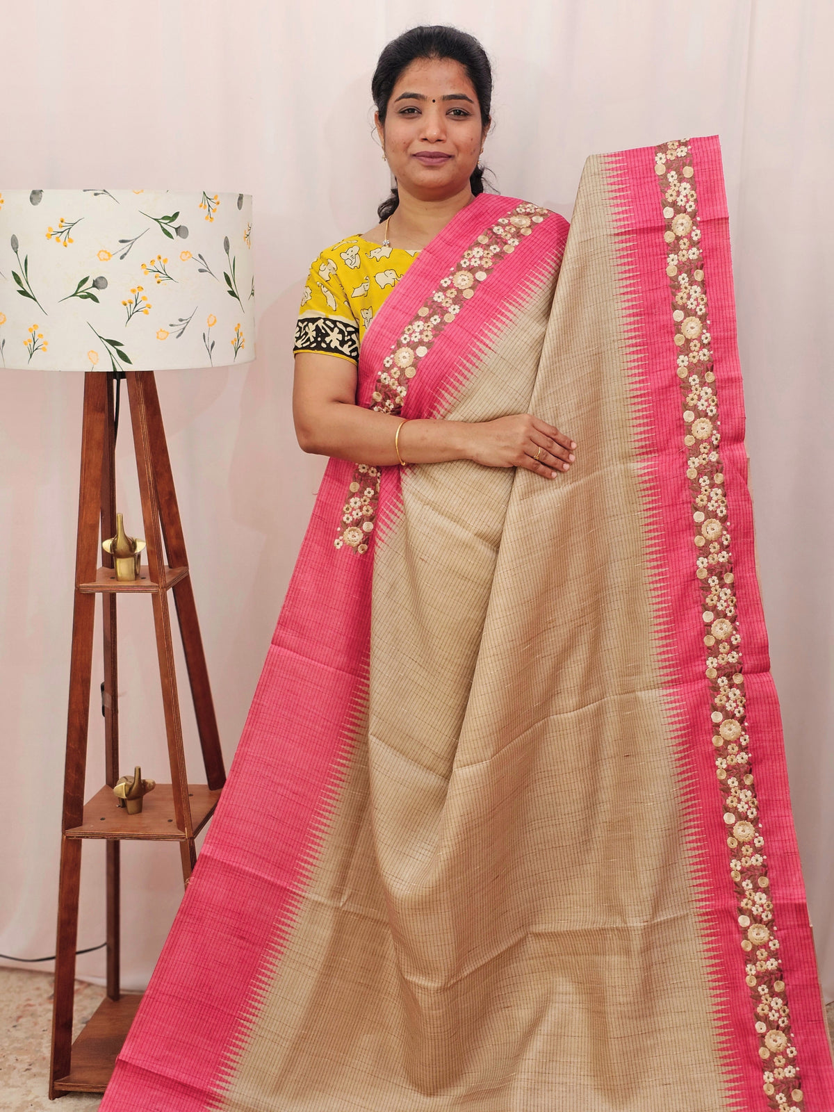 Premium Semi Tussar with  Heavy Floral Emboridery Saree - Pink