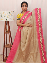 Premium Semi Tussar with  Heavy Floral Emboridery Saree - Pink