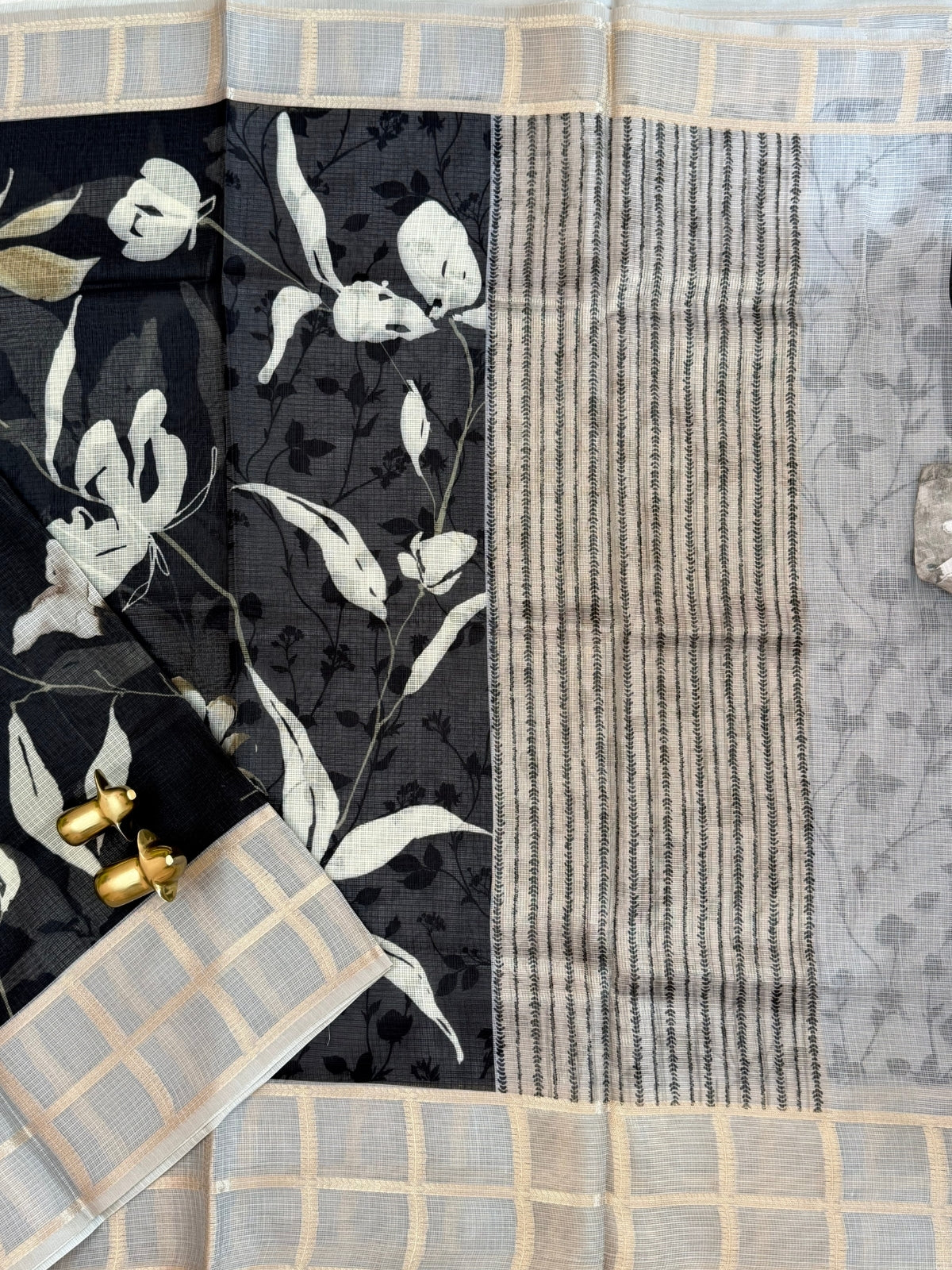 Premium Soft Semi Tussar Kota Weaving with Digital Prints - Black with Grey