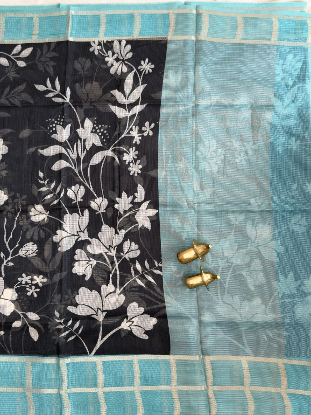 Premium Soft Semi Tussar Kota Weaving with Digital Prints - Black with Blue