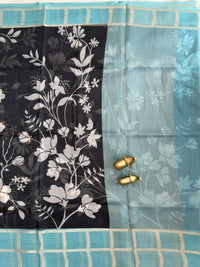Premium Soft Semi Tussar Kota Weaving with Digital Prints - Black with Blue