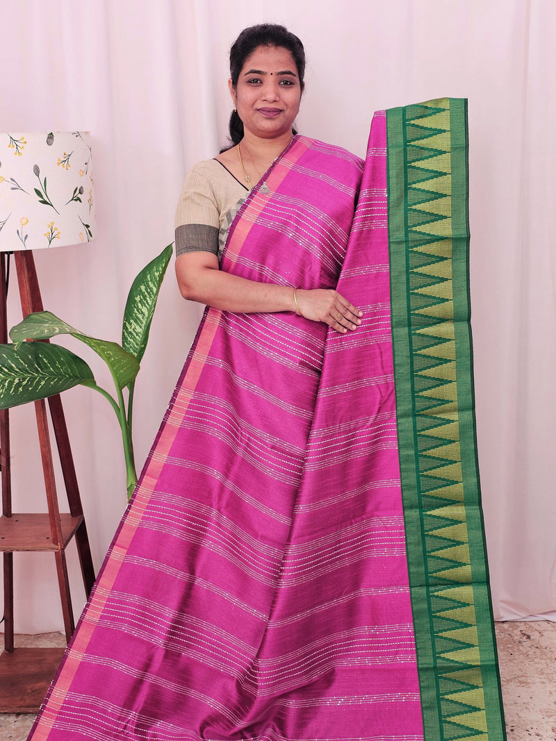 Semi Raw Silk Saree - Pink with Green