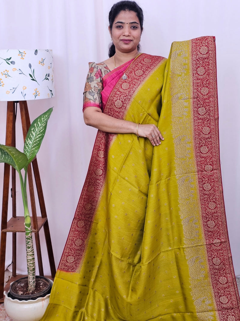 Jute Banarasi Silk Saree - Mehindi Green with Red