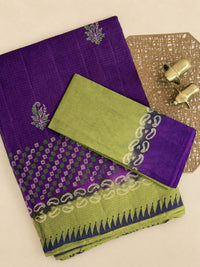Pure Cotton with Checks Hand Block Prints - Purple with Green