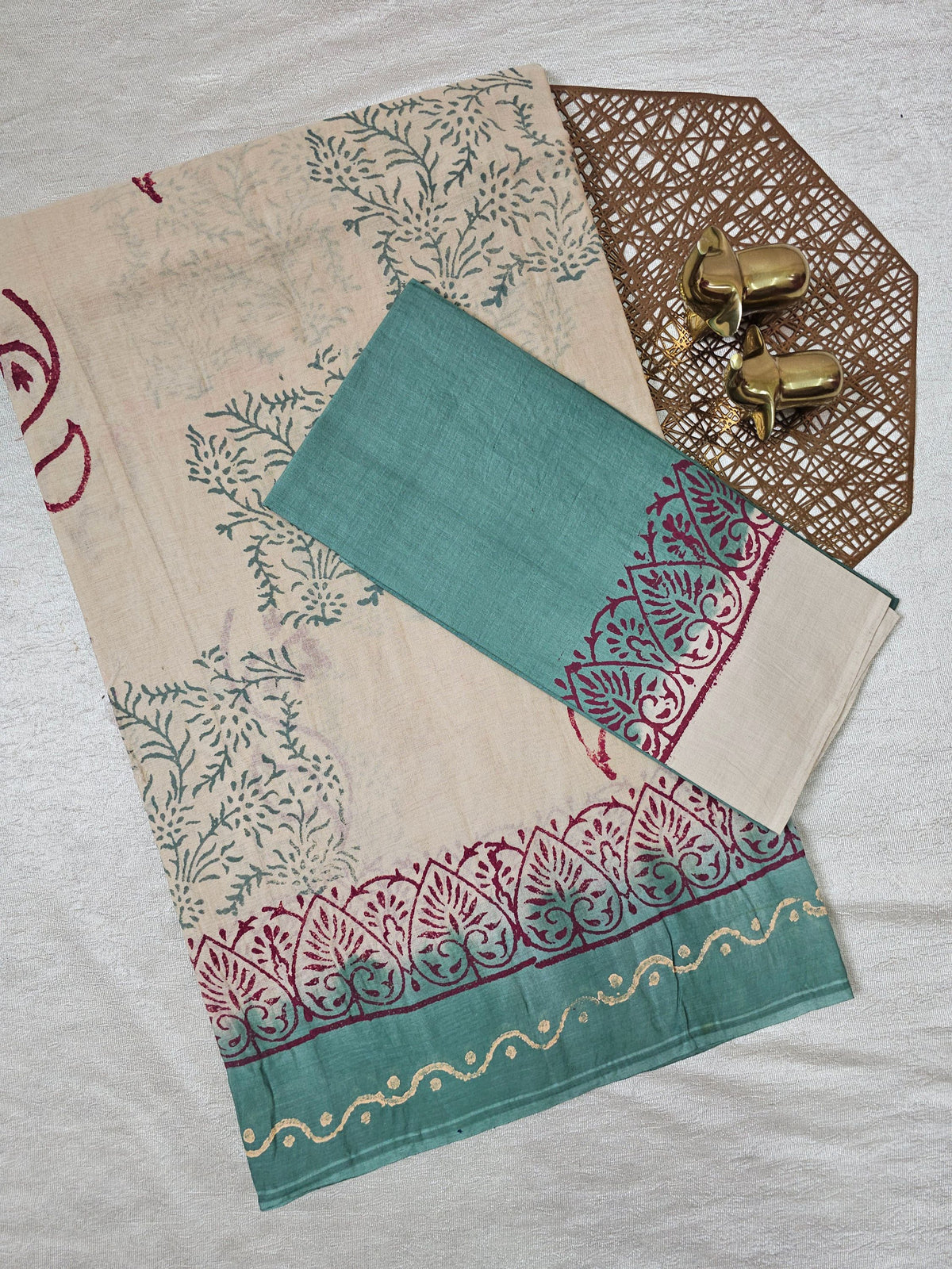 Pure Cotton with Hand Block Prints - Cream with Dark Sea Green