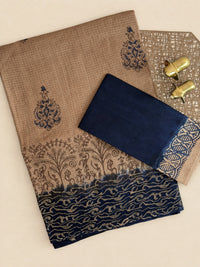 Pure Cotton with Checks Hand Block Prints - Beige with Blue