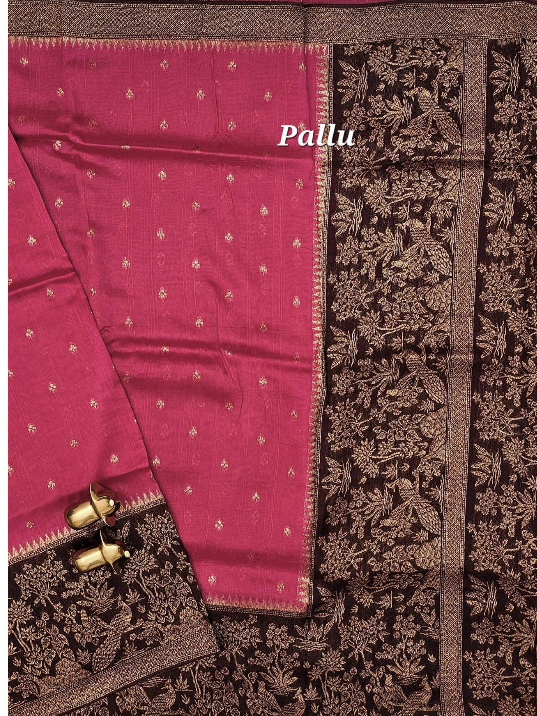 Jute Banarasi Silk Saree - Dark Onion Pink with Dark Brown