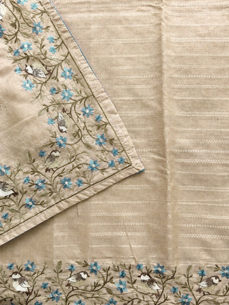Premium Semi Tussar Zari Woven with Beautiful Emboridery Saree - Cream with Blue