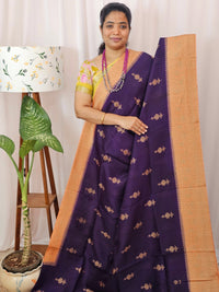 Jute Banarasi Silk Saree - Dark Purple with Peachy Orange