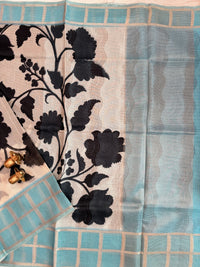 Premium Soft Semi Tussar Kota Weaving with Digital Prints - Cream with Blue
