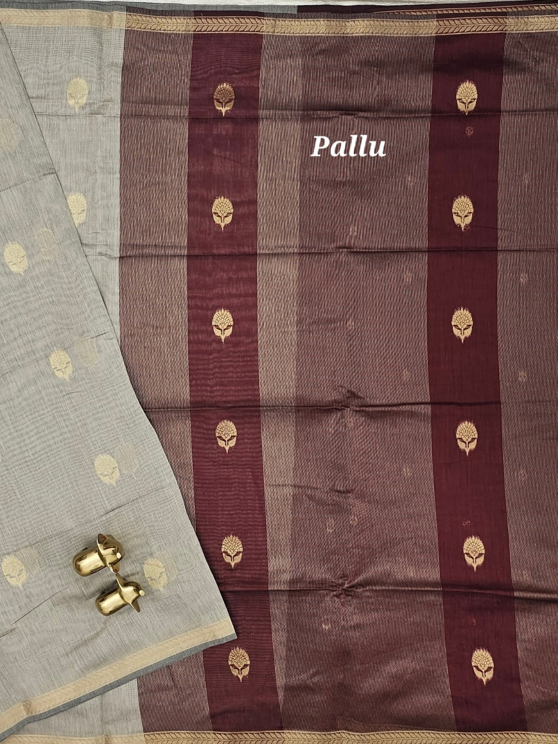 Semi Maheswari Silk Cotton Saree - Beige with Maroon