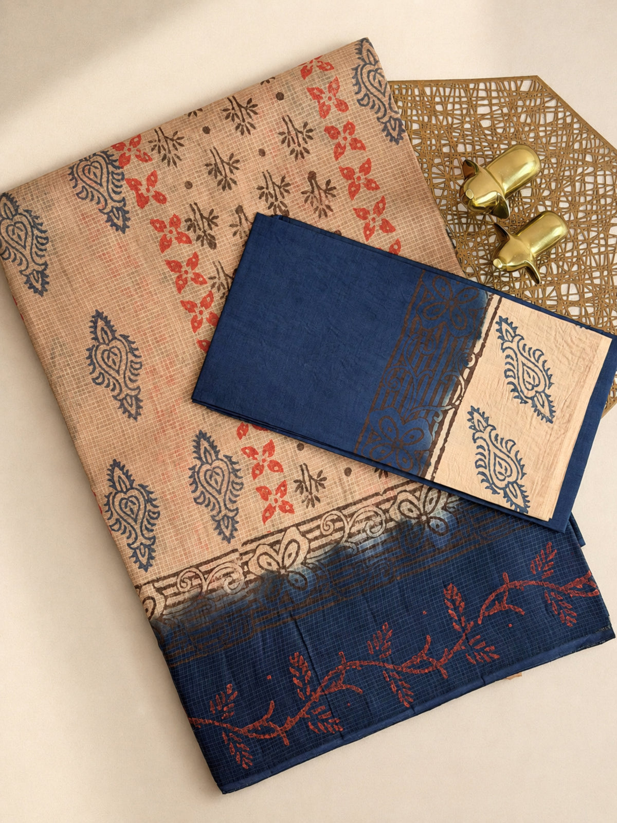 Pure Cotton with Checks Hand Block Prints - Beige with Blue
