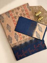 Pure Cotton with Checks Hand Block Prints - Beige with Blue