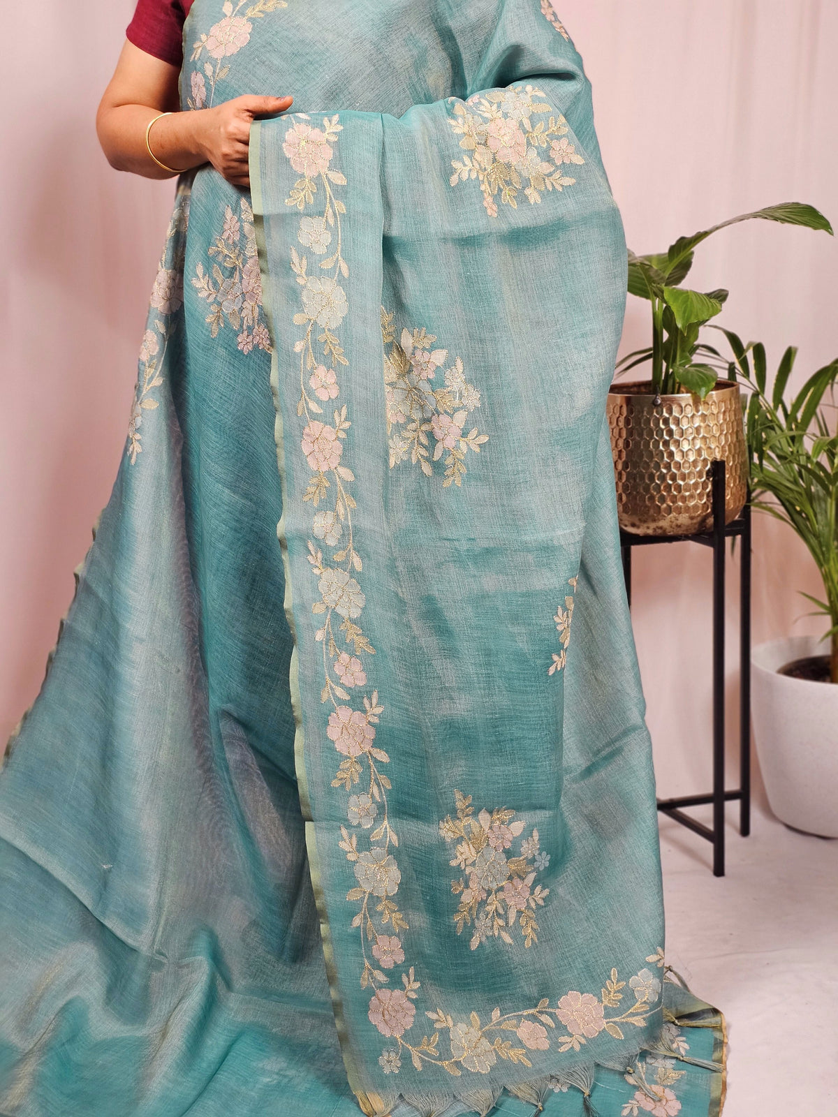 Linen Tissue with Aari Work - Blue