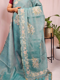 Linen Tissue with Aari Work - Blue