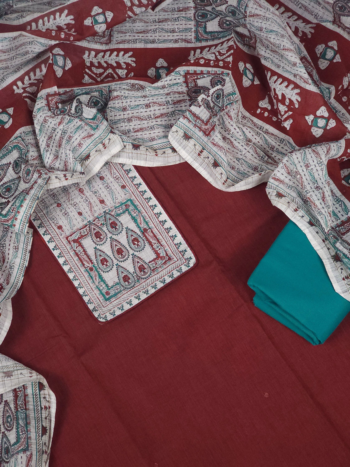 Cotton Unstitched Salwar - Maroon with Peacock Blue