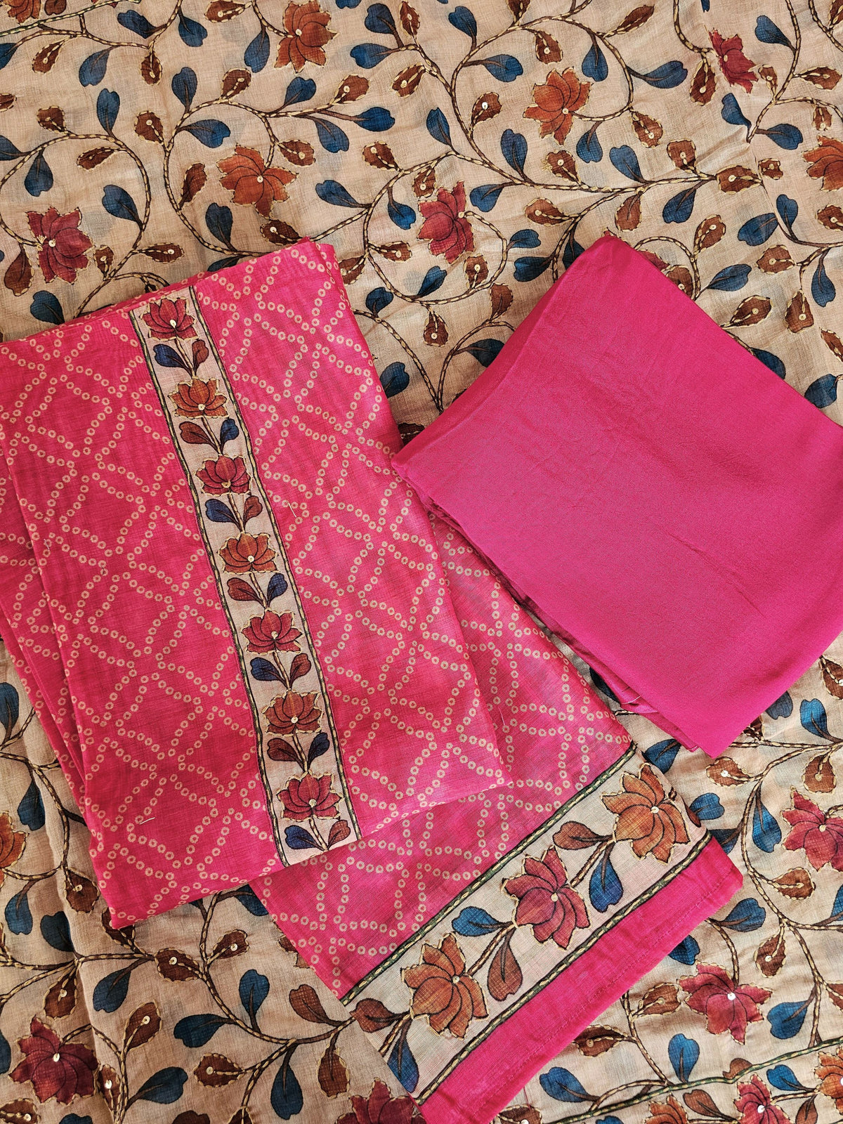 Chanderi with Kantha Unstitched Salwar Suit - Pink