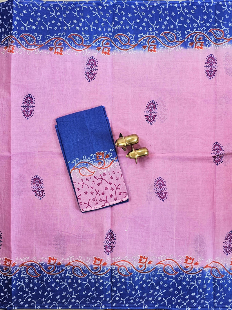 Pure Cotton with Hand Block Prints - Pink with Blue