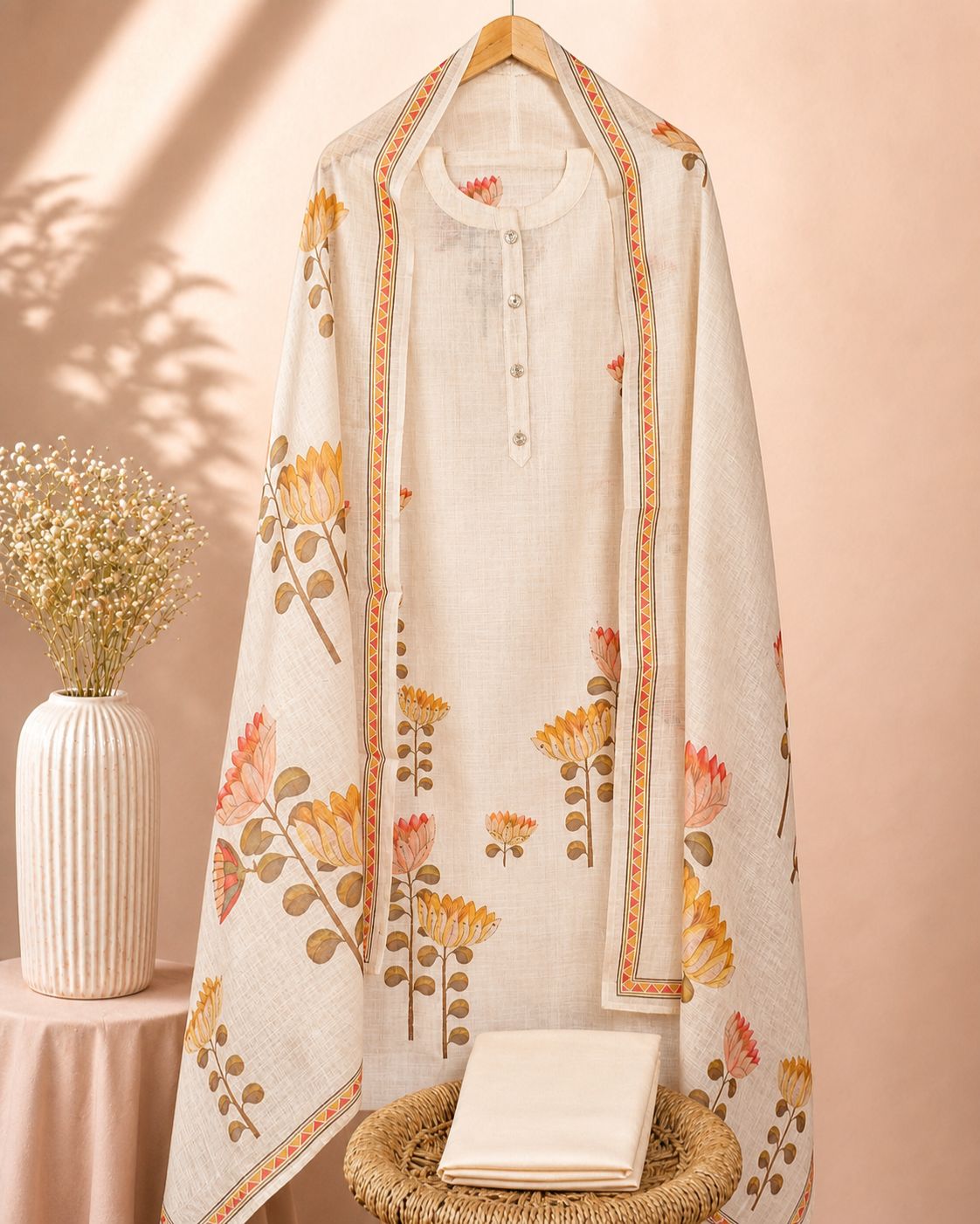 Linen Tissue Unstitched Salwar Set – Cream