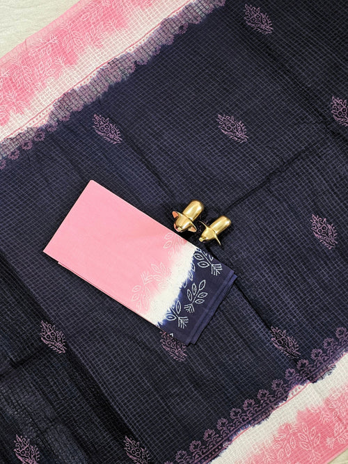 Pure Cotton with Checks Hand Block Prints - Blue with Pink