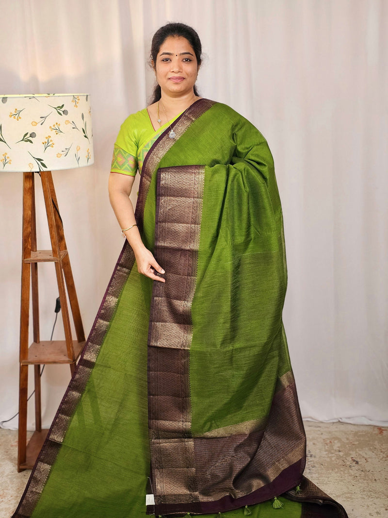 Jute Banarasi Saree - Green with Brown