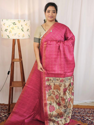 Soft Semi Tussar Checks Weaving with Kalamkari - Pink