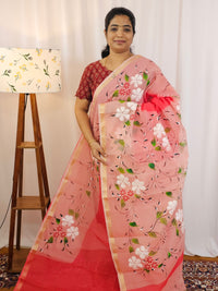 Semi Tussar Kota with Hand Painted Saree - Dark Peach With Red