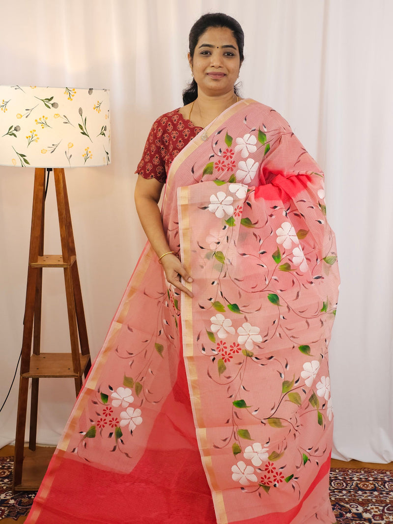 Semi Tussar Kota with Hand Painted Saree - Dark Peach With Red
