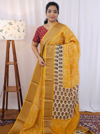Pure Chanderi Butter Silk - Mustard Yellow with Cream