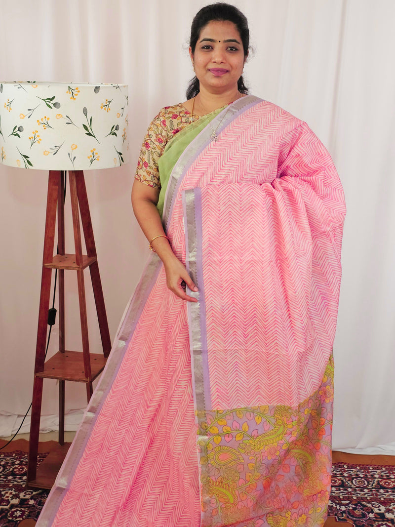 Handwoven Mangalagiri Pattu Saree with Digital Prints  - Peachish Pink  with Lavender